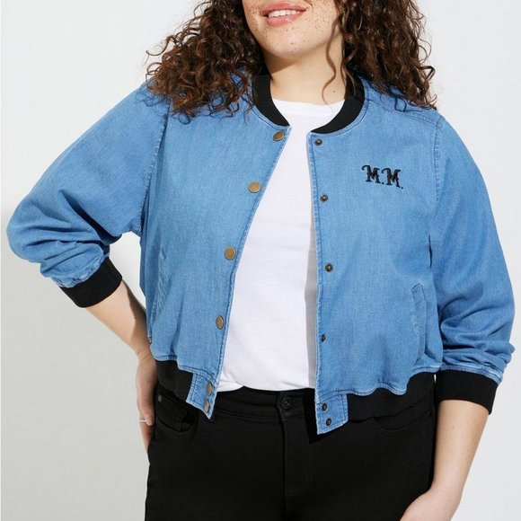 ❤️NWT VINTAGE TORRID DISNEY CROP BOMBER JACKET - MICKEY MOUSE DENIM AMERICANA - Picture 3 of 10